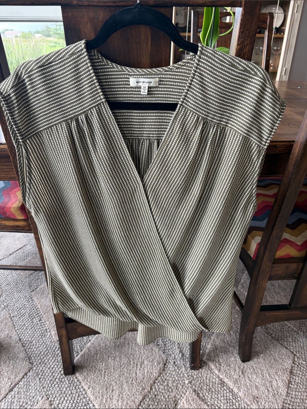 Max Studio Olive-Striped Wrap-Front Cap-Sleeve Top
